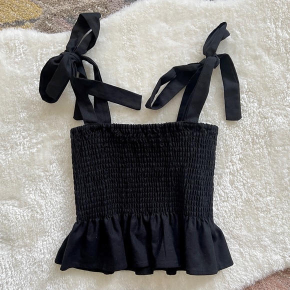 Kourt Tops - Kourt Smocked Linen Blend Tie Shoulder Top